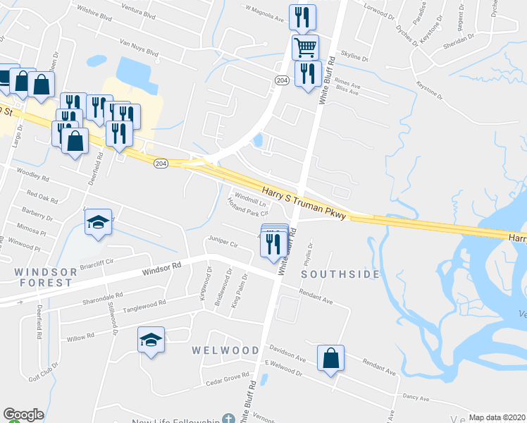map of restaurants, bars, coffee shops, grocery stores, and more near 110 Holland Park Circle in Savannah