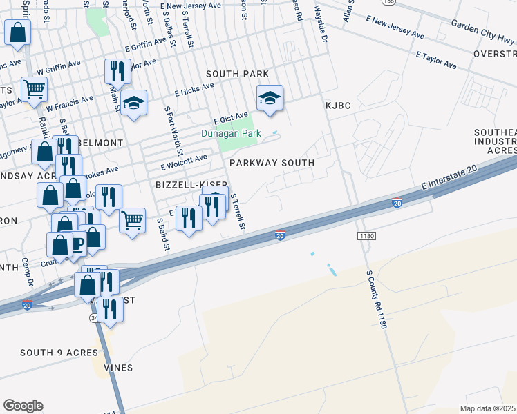 map of restaurants, bars, coffee shops, grocery stores, and more near 611 South Terrell Street in Midland