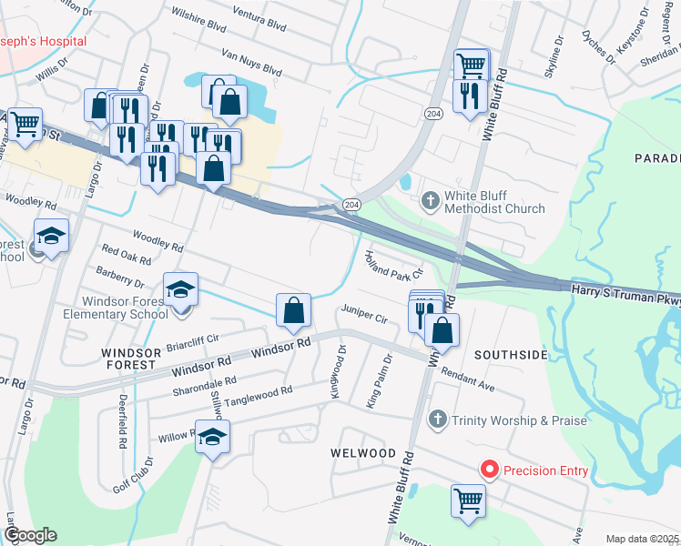 map of restaurants, bars, coffee shops, grocery stores, and more near 245 Holland Drive in Savannah