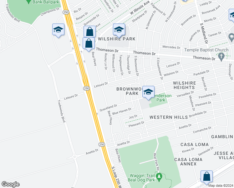 map of restaurants, bars, coffee shops, grocery stores, and more near 500 Brownwood Drive in Midland