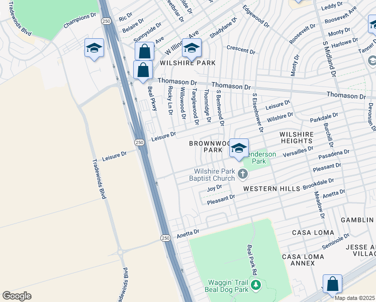 map of restaurants, bars, coffee shops, grocery stores, and more near 500 Brownwood Drive in Midland