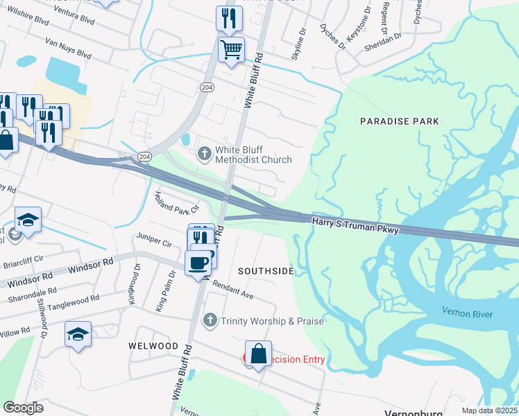 map of restaurants, bars, coffee shops, grocery stores, and more near Harry S Truman Parkway in Savannah