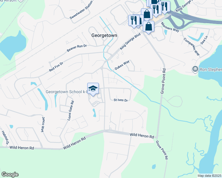 map of restaurants, bars, coffee shops, grocery stores, and more near 171 Saint Ives Drive in Savannah