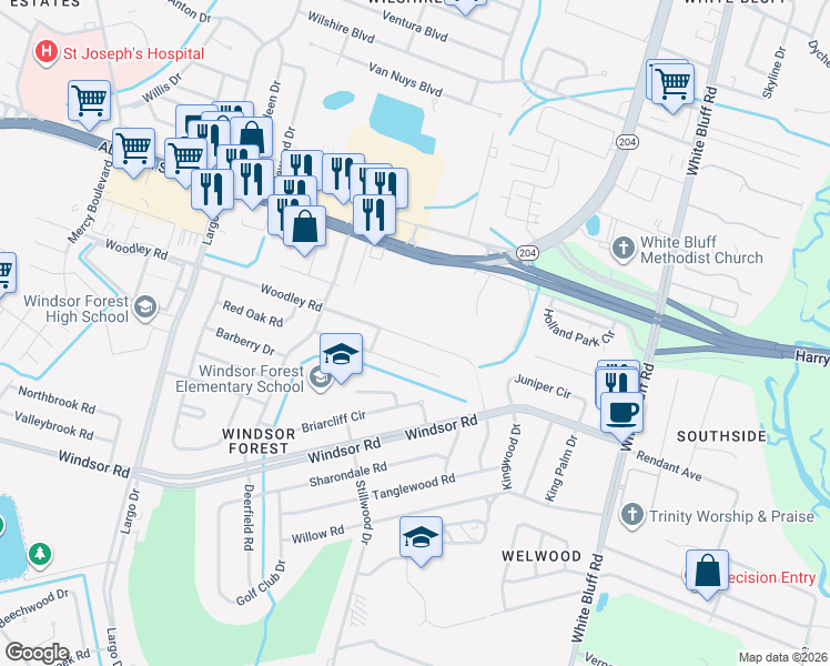 map of restaurants, bars, coffee shops, grocery stores, and more near 322 Woodley Road in Savannah