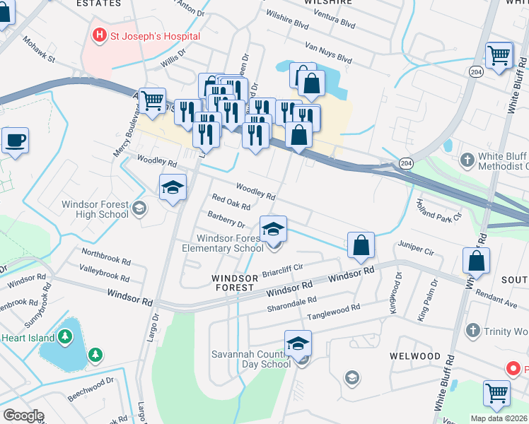 map of restaurants, bars, coffee shops, grocery stores, and more near 505 Red Oak Drive in Savannah