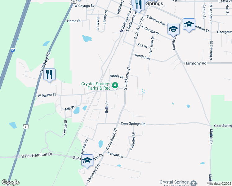 map of restaurants, bars, coffee shops, grocery stores, and more near 302 East Piazza Street in Crystal Springs