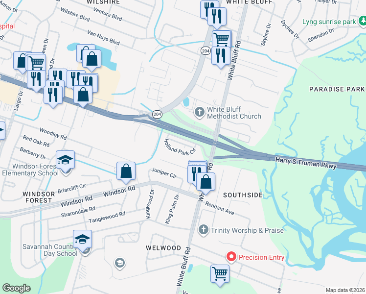 map of restaurants, bars, coffee shops, grocery stores, and more near 117 Windmill Lane in Savannah