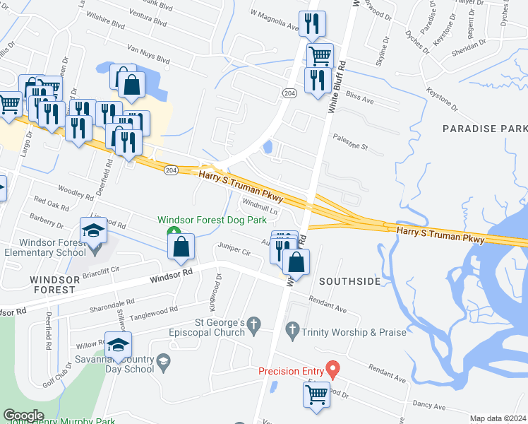 map of restaurants, bars, coffee shops, grocery stores, and more near 6 Windmill Court in Savannah