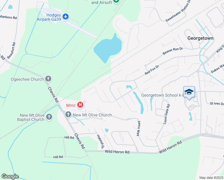 map of restaurants, bars, coffee shops, grocery stores, and more near 95 Red Fox Drive in Savannah
