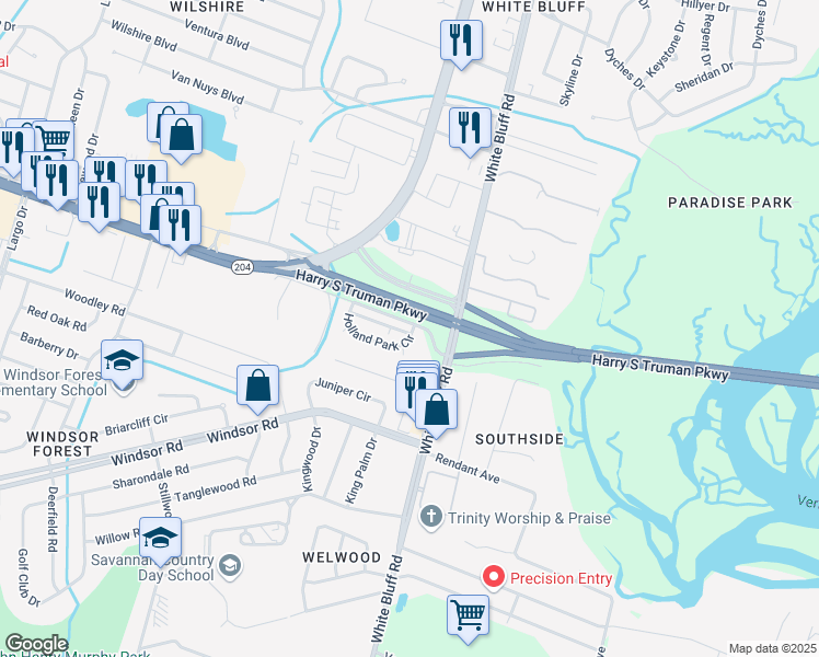 map of restaurants, bars, coffee shops, grocery stores, and more near 102 Windmill Lane in Savannah