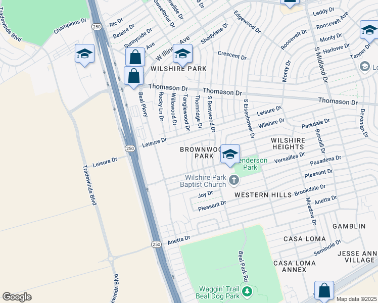 map of restaurants, bars, coffee shops, grocery stores, and more near 500 Brownwood Dr in Midland
