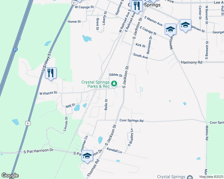 map of restaurants, bars, coffee shops, grocery stores, and more near 302 East Piazza Street in Crystal Springs