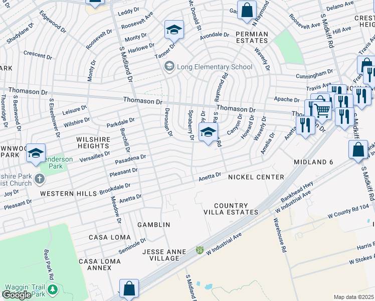 map of restaurants, bars, coffee shops, grocery stores, and more near 4202 Pasadena Drive in Midland