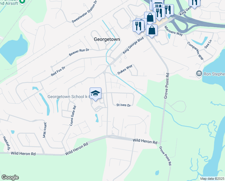map of restaurants, bars, coffee shops, grocery stores, and more near 8 Saint Ives Drive in Savannah