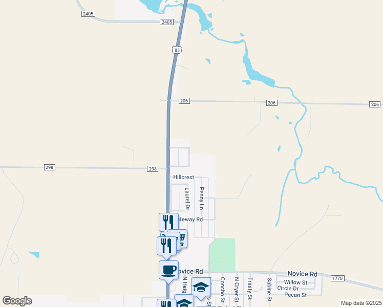 map of restaurants, bars, coffee shops, grocery stores, and more near 203 Bluebonnet Drive in Winters