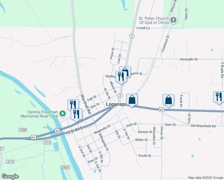 map of restaurants, bars, coffee shops, grocery stores, and more near 809 Oak Street in Logansport