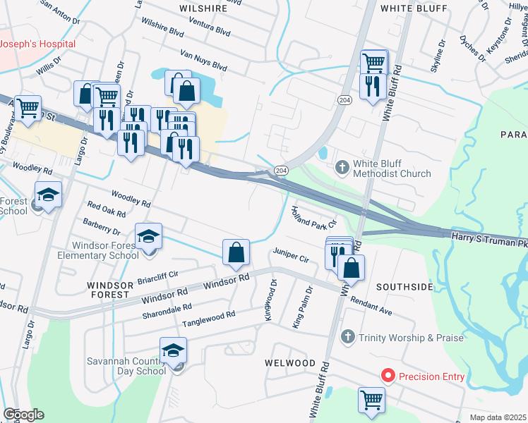 map of restaurants, bars, coffee shops, grocery stores, and more near 249 Holland Drive in Savannah