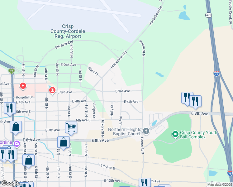 map of restaurants, bars, coffee shops, grocery stores, and more near 818 3rd Avenue in Cordele
