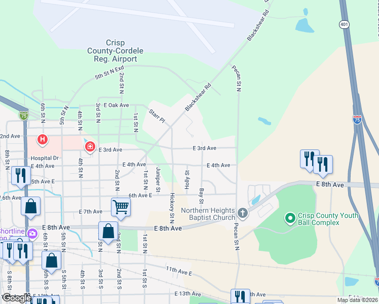 map of restaurants, bars, coffee shops, grocery stores, and more near 818 3rd Avenue in Cordele