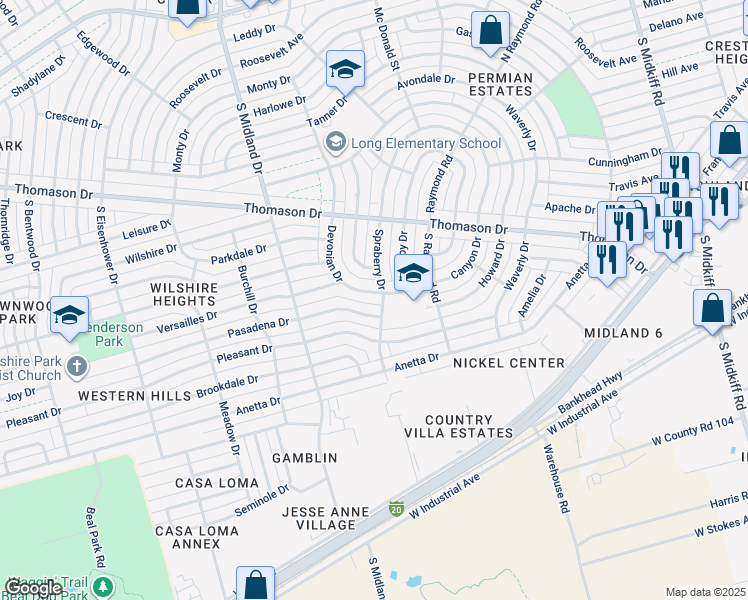 map of restaurants, bars, coffee shops, grocery stores, and more near 4202 Pasadena Drive in Midland