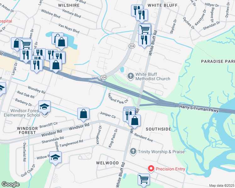 map of restaurants, bars, coffee shops, grocery stores, and more near 130 Windmill Lane in Savannah