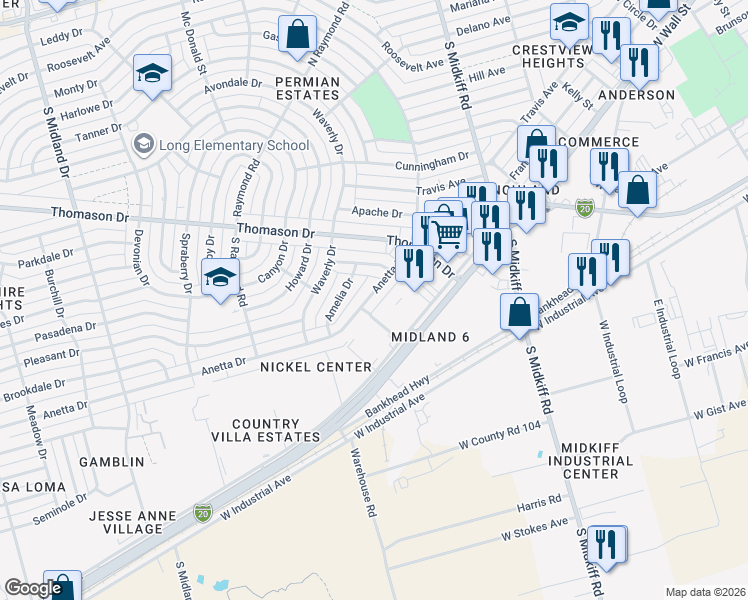 map of restaurants, bars, coffee shops, grocery stores, and more near 3414-3498 Fasken Drive in Midland