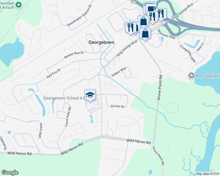 map of restaurants, bars, coffee shops, grocery stores, and more near 1431 King George Boulevard in Savannah