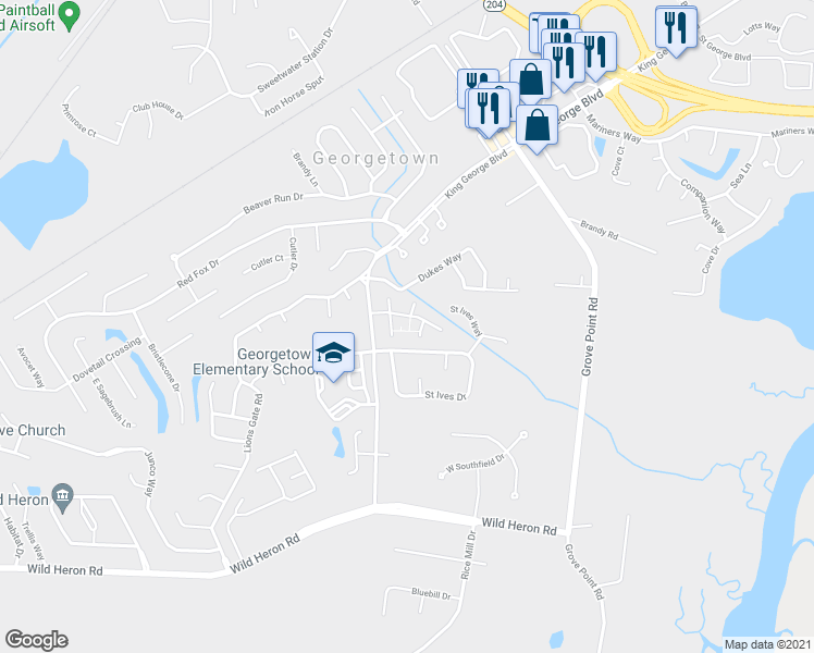 map of restaurants, bars, coffee shops, grocery stores, and more near 8 Saint Ives Drive in Savannah