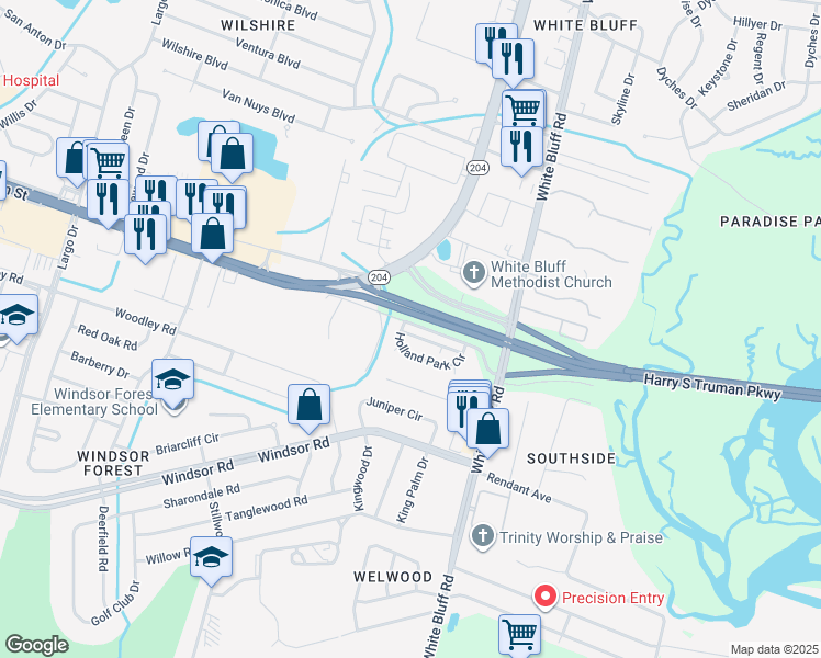 map of restaurants, bars, coffee shops, grocery stores, and more near 117 Windmill Lane in Savannah