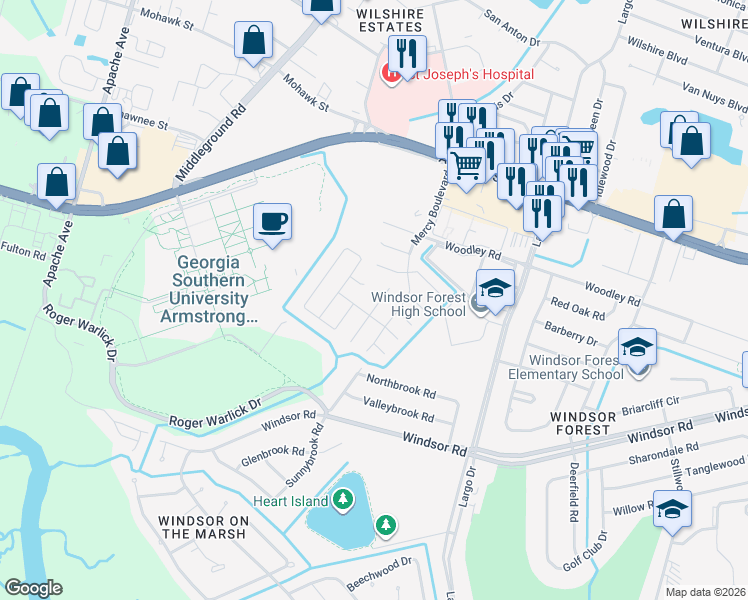 map of restaurants, bars, coffee shops, grocery stores, and more near 5 Bellingrath Court in Savannah