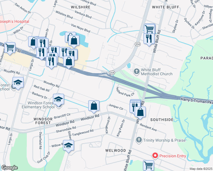map of restaurants, bars, coffee shops, grocery stores, and more near 249 Holland Drive in Savannah
