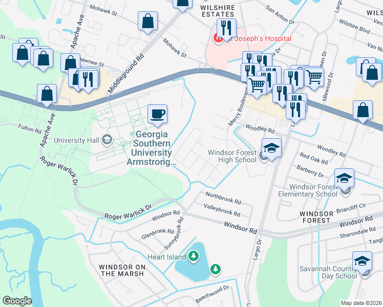 map of restaurants, bars, coffee shops, grocery stores, and more near 7 Hopeland Drive in Savannah