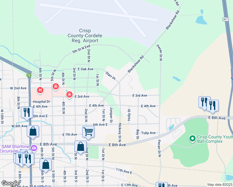 map of restaurants, bars, coffee shops, grocery stores, and more near 1002 Blackshear Road in Cordele