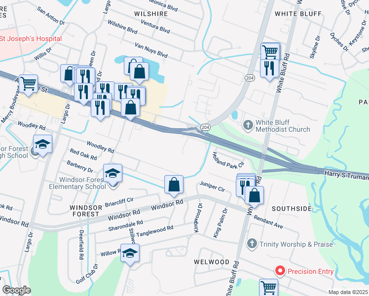 map of restaurants, bars, coffee shops, grocery stores, and more near 15 Talina Lane in Savannah