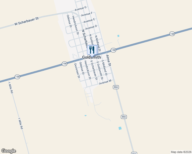 map of restaurants, bars, coffee shops, grocery stores, and more near 302 South Scharbauer Street in Goldsmith