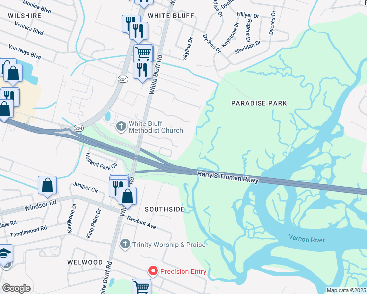 map of restaurants, bars, coffee shops, grocery stores, and more near 11900 White Bluff Road in Savannah