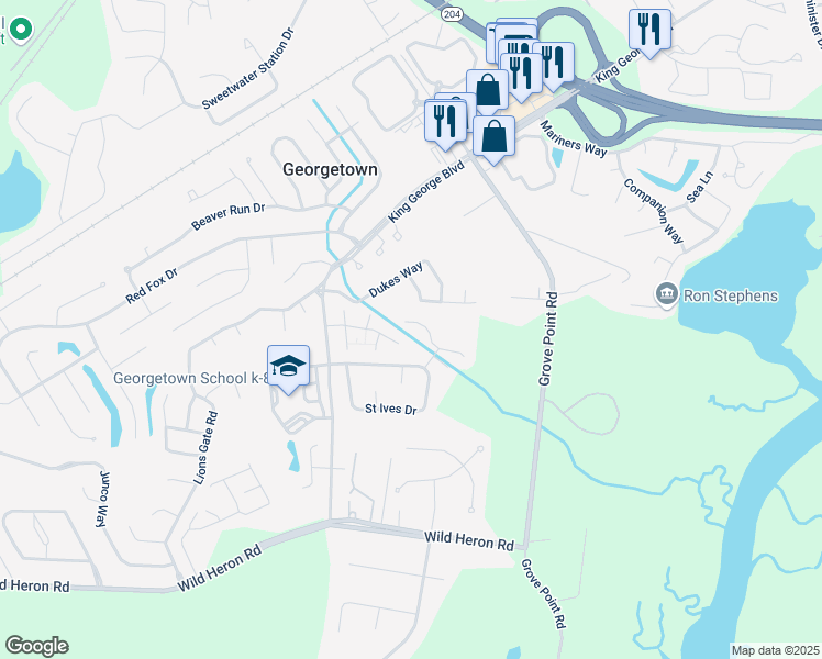 map of restaurants, bars, coffee shops, grocery stores, and more near 115 Saint Ives Way in Savannah