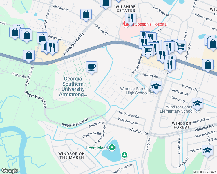 map of restaurants, bars, coffee shops, grocery stores, and more near 117 Hopeland Drive in Savannah