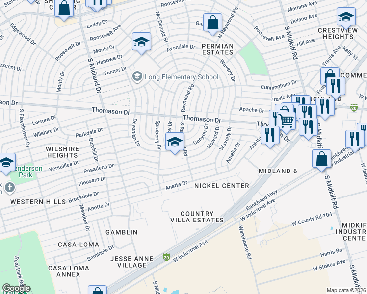 map of restaurants, bars, coffee shops, grocery stores, and more near 900 South Raymond Road in Midland