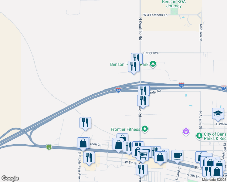 map of restaurants, bars, coffee shops, grocery stores, and more near Interstate 10 in Benson