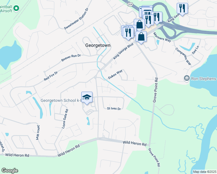 map of restaurants, bars, coffee shops, grocery stores, and more near 1425 King George Boulevard in Savannah