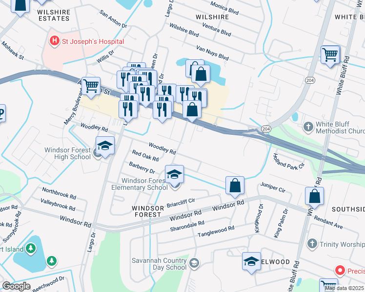 map of restaurants, bars, coffee shops, grocery stores, and more near 403 Collingwood Drive in Savannah