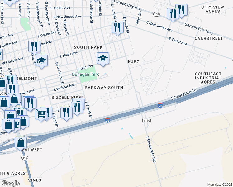 map of restaurants, bars, coffee shops, grocery stores, and more near 1905 South Lamesa Road in Midland