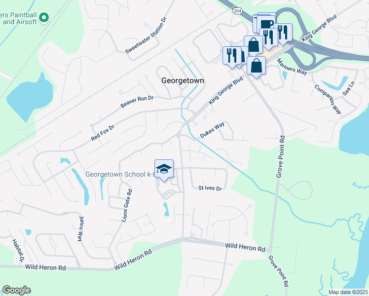 map of restaurants, bars, coffee shops, grocery stores, and more near 1425 King George Boulevard in Savannah