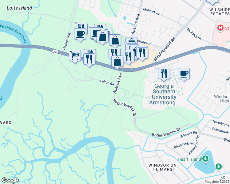map of restaurants, bars, coffee shops, grocery stores, and more near 12206 Apache Avenue in Savannah