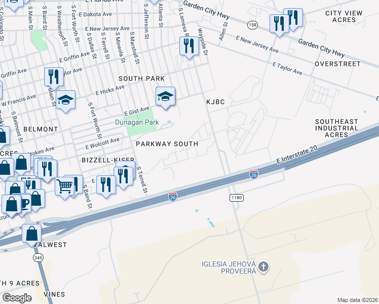 map of restaurants, bars, coffee shops, grocery stores, and more near 2300 South Lamesa Road in Midland