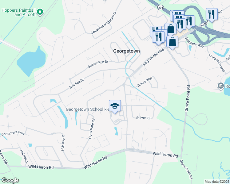 map of restaurants, bars, coffee shops, grocery stores, and more near 114 Lions Gate Road in Savannah
