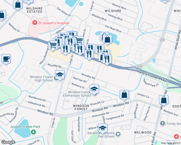 map of restaurants, bars, coffee shops, grocery stores, and more near 509 Collingwood Drive in Savannah