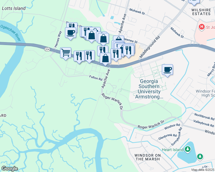 map of restaurants, bars, coffee shops, grocery stores, and more near 12206 Apache Avenue in Savannah