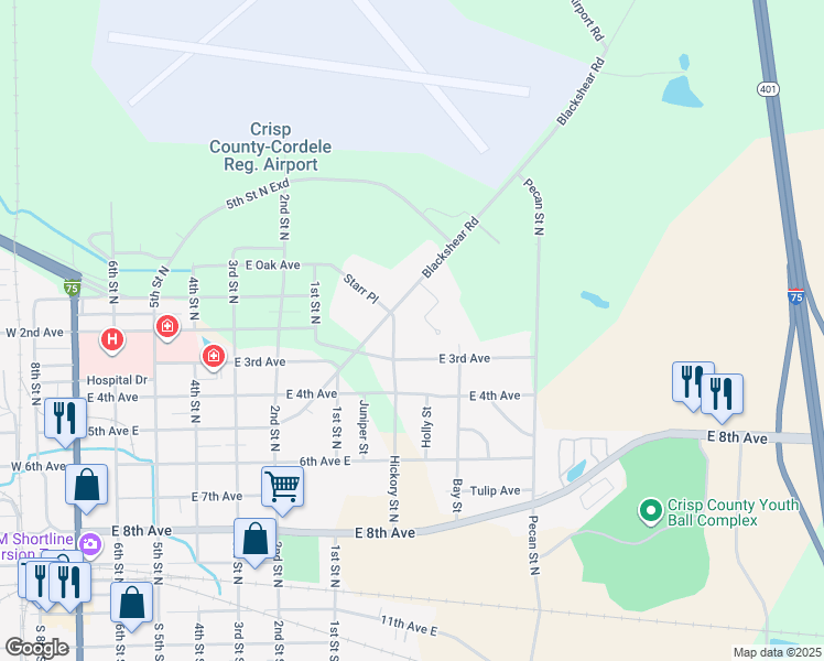 map of restaurants, bars, coffee shops, grocery stores, and more near 902 Blackshear Road in Cordele